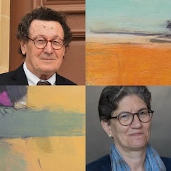 Headshots of John Evans and Lisa Robinson, in block with artwork squares