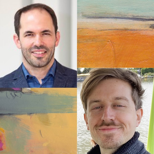 Headshot of Jeremy Labrecque (top right), Maurice Korf (bottom left). Abstract art images are pictured as well (top left and bottom right).