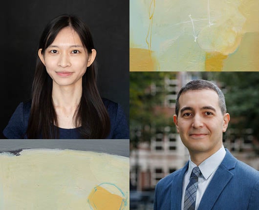 Headshots of Lily Hsieh (top left) and Mike Eber (bottom right). Abstract art images are pictured as well (top right and bottom left).