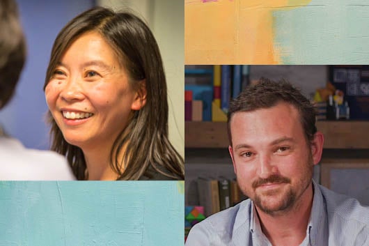 Headshot of Jennifer Yeh (top left), Zachary Ward (bottom right). Abstract art images are pictured as well (top right and bottom left).