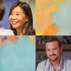 Headshot of Jennifer Yeh (top left), Zachary Ward (bottom right). Abstract art images are pictured as well (top right and bottom left).