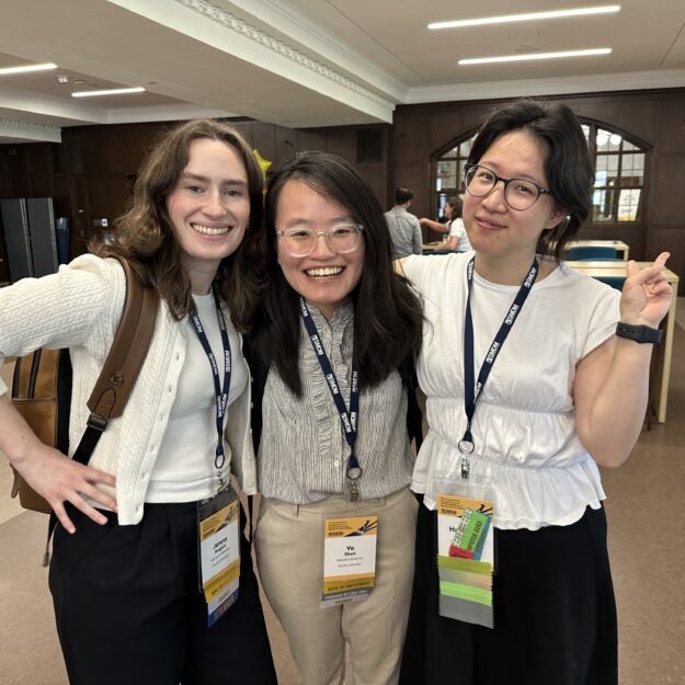 CHDS PhD students pose for photo smiling (From left to right: Jenna Rogers, Ye Shen, Hanxuan (Astrid) Yu)