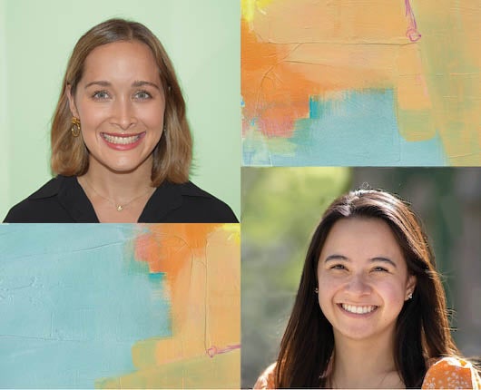 Headshot of Kirsten Gallant (top left), Isabella Impalli (bottom right). Abstract art images are pictured as well (top right and bottom left).