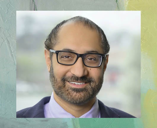 Headshot of Jagpreet Chhatwal with abstract art border