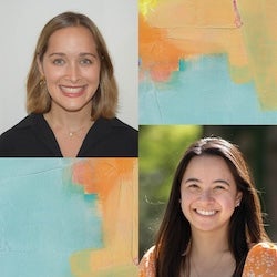 Headshot of Kirsten Gallant (top left), Isabella Impalli (bottom right). Abstract art images are pictured as well (top right and bottom left).