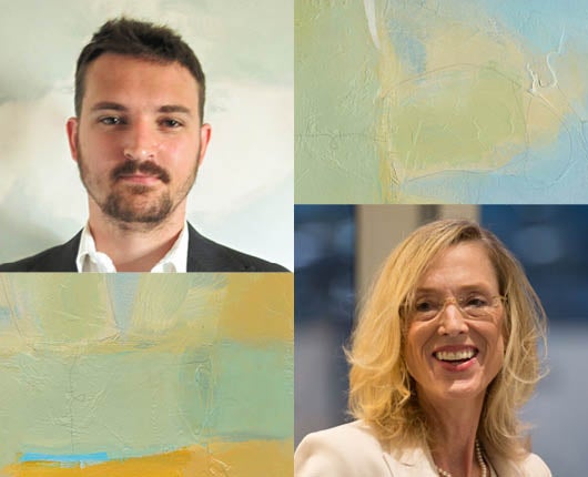 Headshot of Zachary Ward (top right), Sue J. Goldie (bottom left). Abstract art images are pictured as well (top left and bottom right).