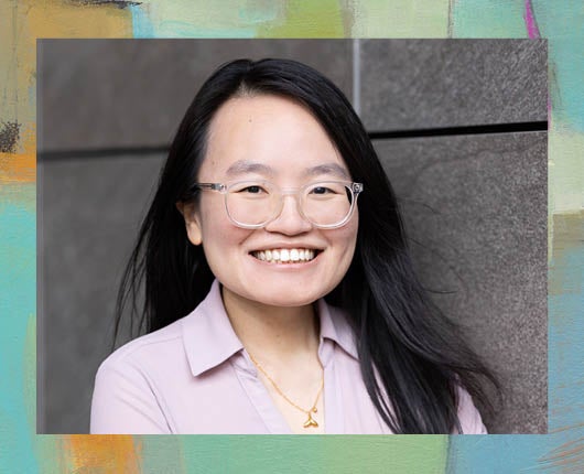 Headshot of Ye Shen with abstract art border