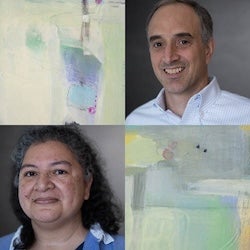 Headshot of Thomas Gaziano (top right), Shafika Abrahams-Gessel (bottom left). Abstract art images are pictured as well (top left and bottom right).