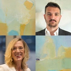 Headshot of Zachary Ward (top right), Sue J. Goldie (bottom left). Abstract art images are pictured as well (top left and bottom right).