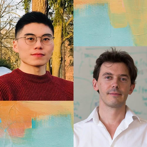 Headshots of Boshen Jiao (top left) and Stephane Verguet (bottom right). Abstract art in image as well (top right and bottom left).