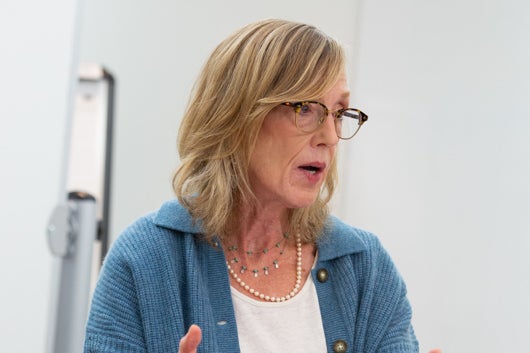 Sue Goldie speaking in meeting, looking off camera