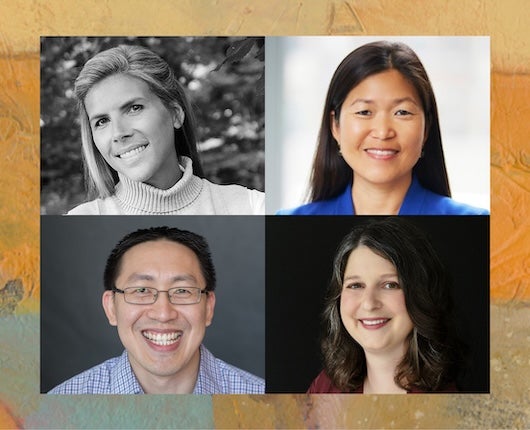 Headshots of Emily Burger (top left; photo credit: Ola Gamst Sæther) Jane Kim (top right), Stephen Sy (bottom left), and Allison Portnoy (bottom right) with abstract art border in yellow, orange, and green tones