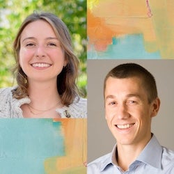 Headshots of Sarah Baum (Upper Left) and Nicolas Menzies (Lower Right) Against Art Background