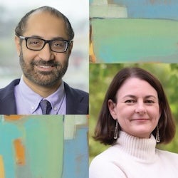 Headshots of Jagpreet Chhatwal (Upper Left) and Rachael Fleurence (Lower Right) Against Art Background