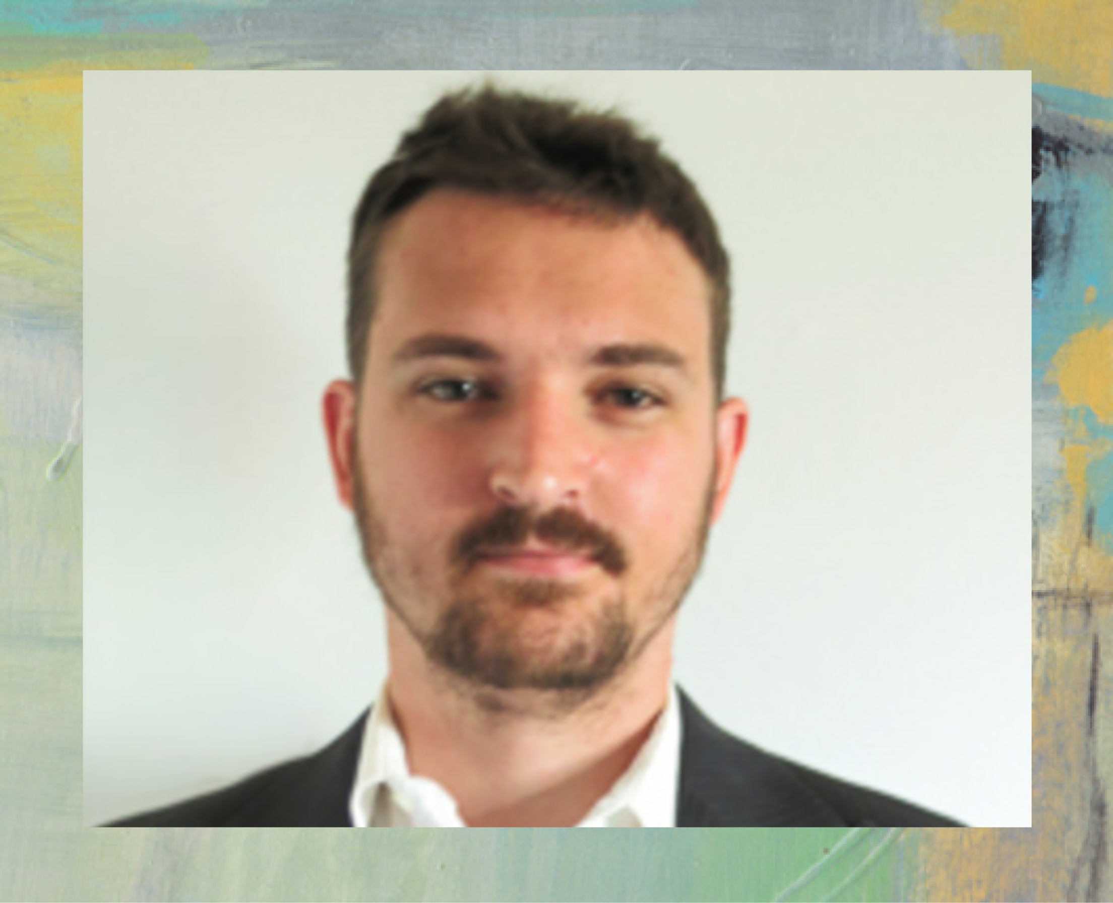 Zachary Ward Headshot with Abstract Art Border