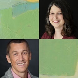 Headshots of Allison Portnoy (Upper Right) and Nicolas Menzies (Lower Left) Against Art Background