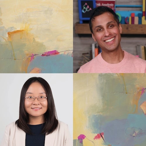 Headshots of Ankur Pandya (Upper Right) and Jinyi Zhu (Lower Left) Against Art Background
