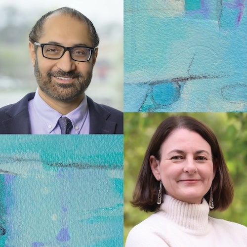Headshots of Jagpreet Chhatwal (Upper Left) and Rachael Fleurence (Lower Right) Against Art Background