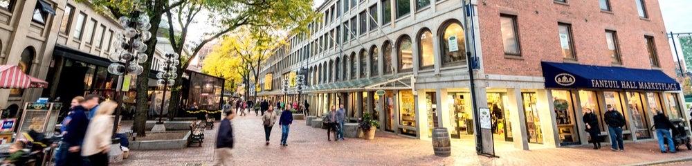 Busy Boston Street with Pedestrians and Shops