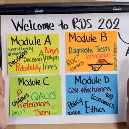 Drawings Describing Modules of RDS 202 "Module A: Sensitivity analysis, decisions, probability, trees, decision analysis, Bayes. Module B: Diagnostic tests, information ROC curves, positivity criterion. Module C: Utilities, preferences, QALYS, DALYS, theory. Module D: Cost-effectiveness, policy, ethics, value, economics, money".