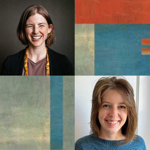 Composite image of S. Skye Yoden (top left) and Jessica Preston Harvey (bottom right) on an abstract background