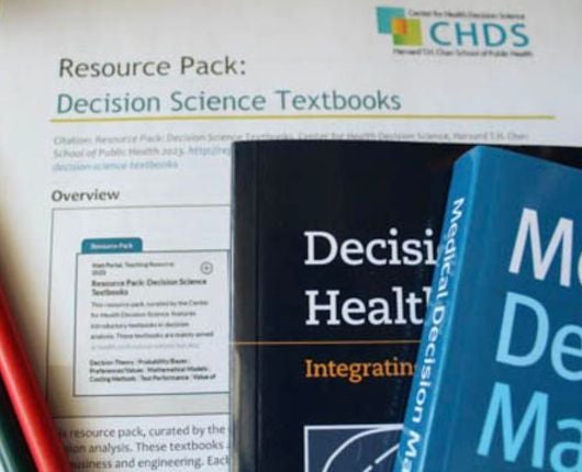 Paper with "Resource Pack" with two decision science textbooks on top in right corner.